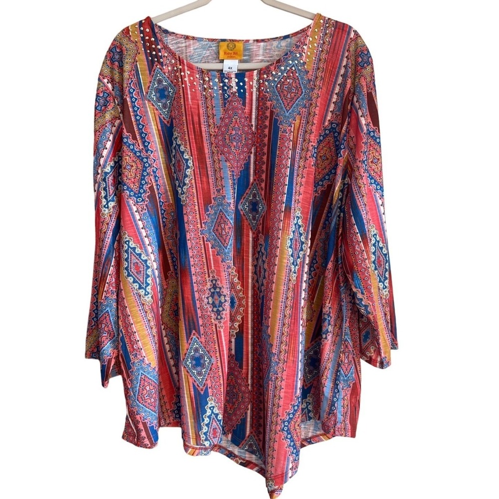 Ruby Rd‎ Women's 4X Red Blue Geometric Tunic Blouse Sequin Neckline 3/4 Sleeve